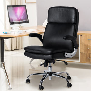 VOFFOV® Ergonomic Office Chair with Flip up Arms and Wheels Executive Office Desk Chairs Leather Black Computer Chairs
