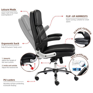VOFFOV® Ergonomic Office Chair with Flip up Arms and Wheels Executive Office Desk Chairs Leather Black Computer Chairs