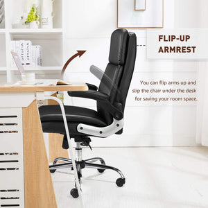 VOFFOV® Ergonomic Office Chair with Flip up Arms and Wheels Executive Office Desk Chairs Leather Black Computer Chairs