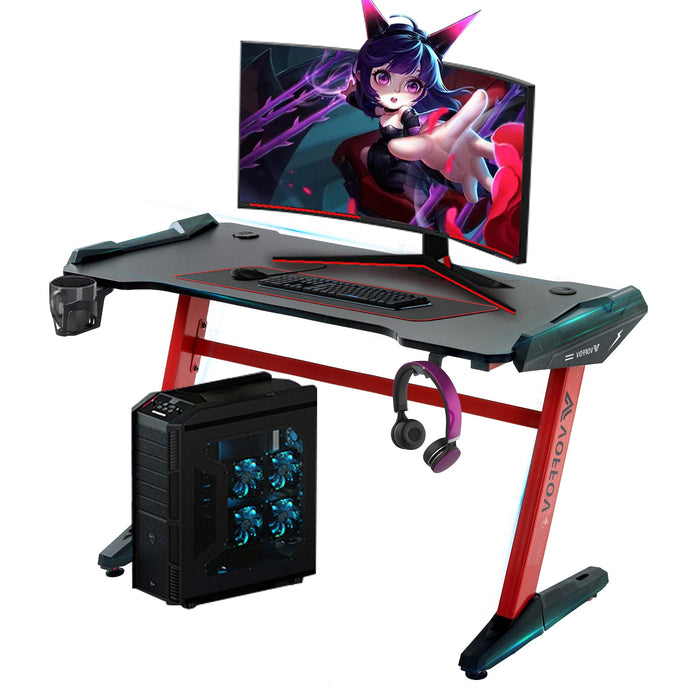 VOFFOV Gaming Desk w/ LED Lighting Red