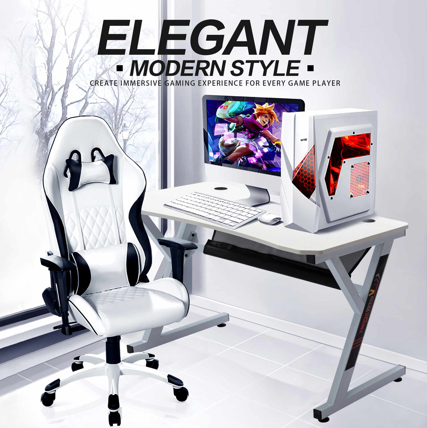 .com: Fly YUTING Gaming Workstation Desk The Ultimate PC mputer  Station Gaming Setup Workstation Chair Gaming tech Desk for Home Office,  Living Room, Bedroom, Dining,White : Home & Kitchen
